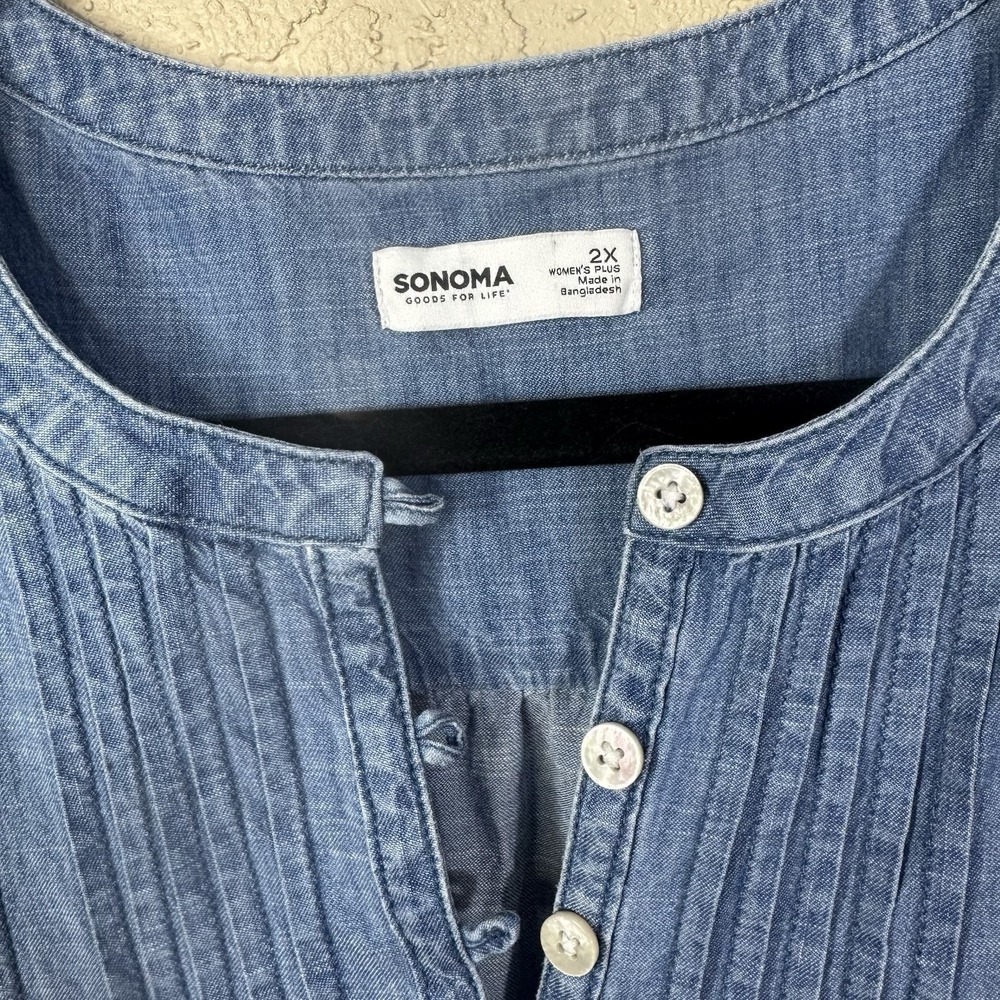 Sonoma Chambray Shirt Dress Womens Size 2X Blue 100% Cotton Pockets Lagenlook - Picture 2 of 10